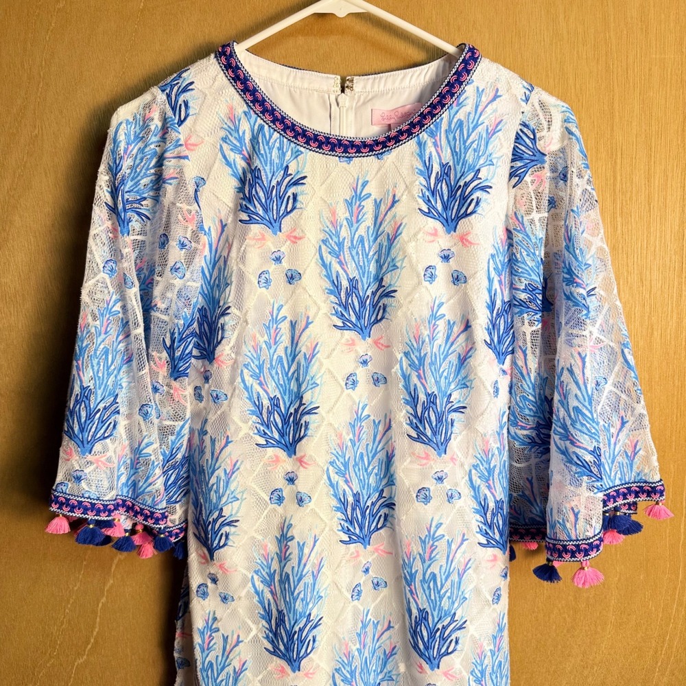 Lilly Pulitzer Jackelin Romper Seaspray Gray Off Shore Lace Tassel White Blue 0 - Picture 3 of 7